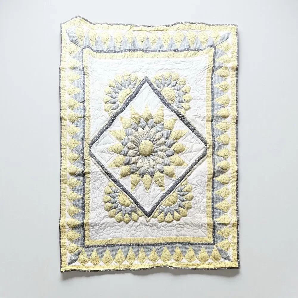 1990s Vintage Handmade Quilt Comforter Blanket 68”X86” Twin Yellow Blue Star Sun